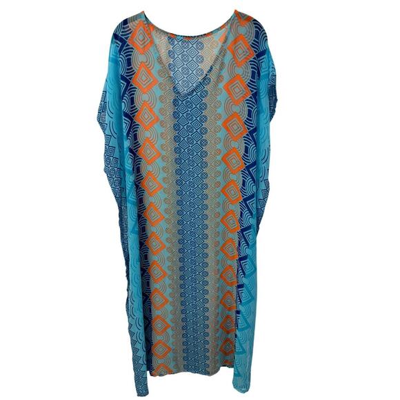 Blue Orange Geometric Print Chiffon Kaftan Beach Swim Cover Up One Size NWOT - Picture 2 of 7